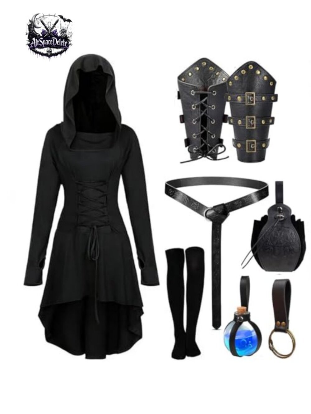 8 Pc Renaissance Medieval Costume Set Hooded Robe Belt Pouch Arm Bracers